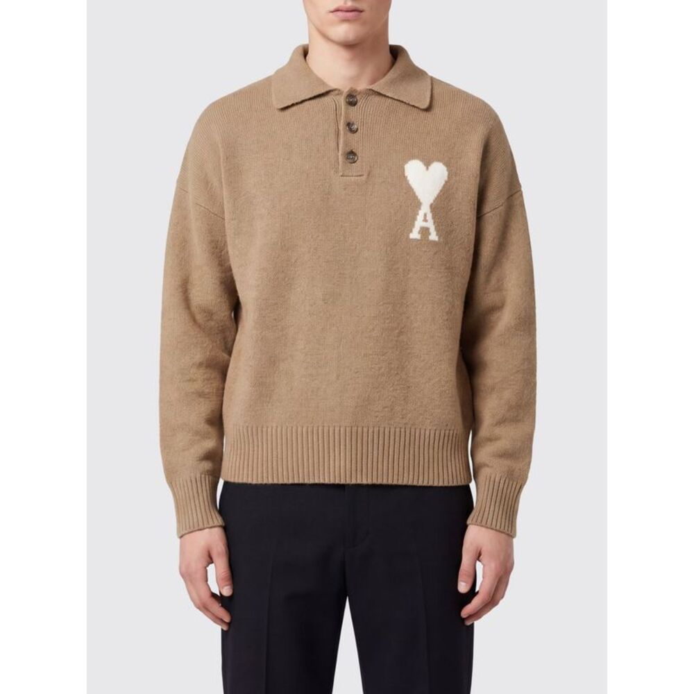 Ami Paris Men Ami Paris Long-Sleeved Knit Polo With Ami De Cå“Ur Jacquard Logo